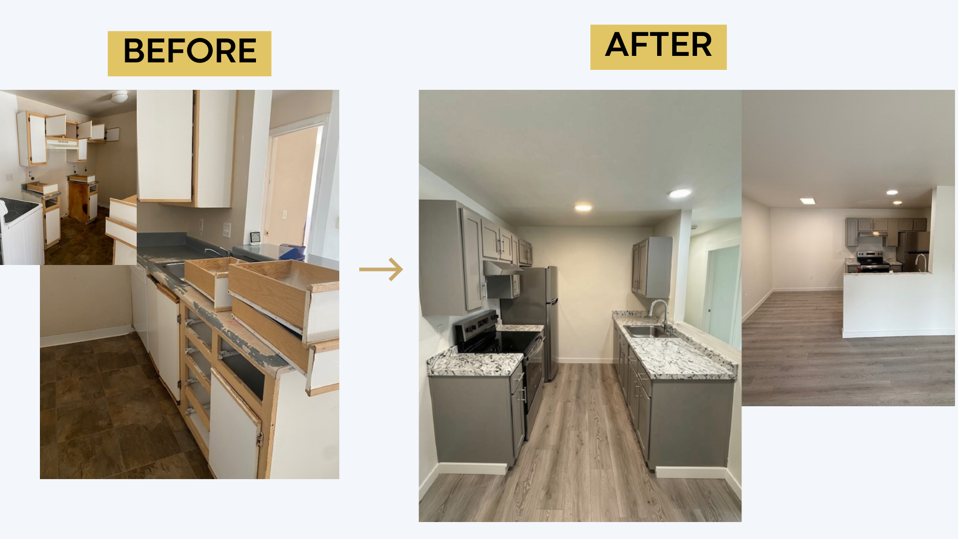 Before and after of a unit kitchen renovation with new grey cabinets and granite countertops