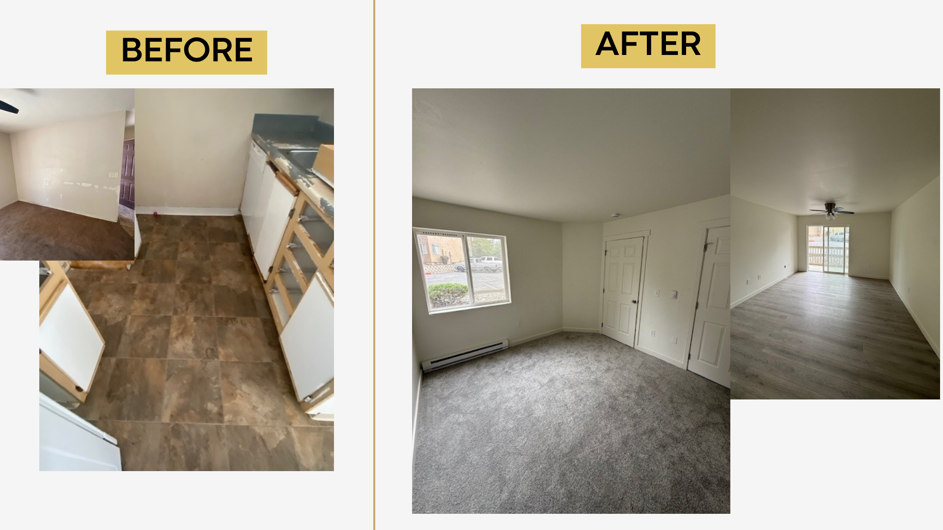 Before and after of unit flooring replaced with new carpet and luxury vinyl plank