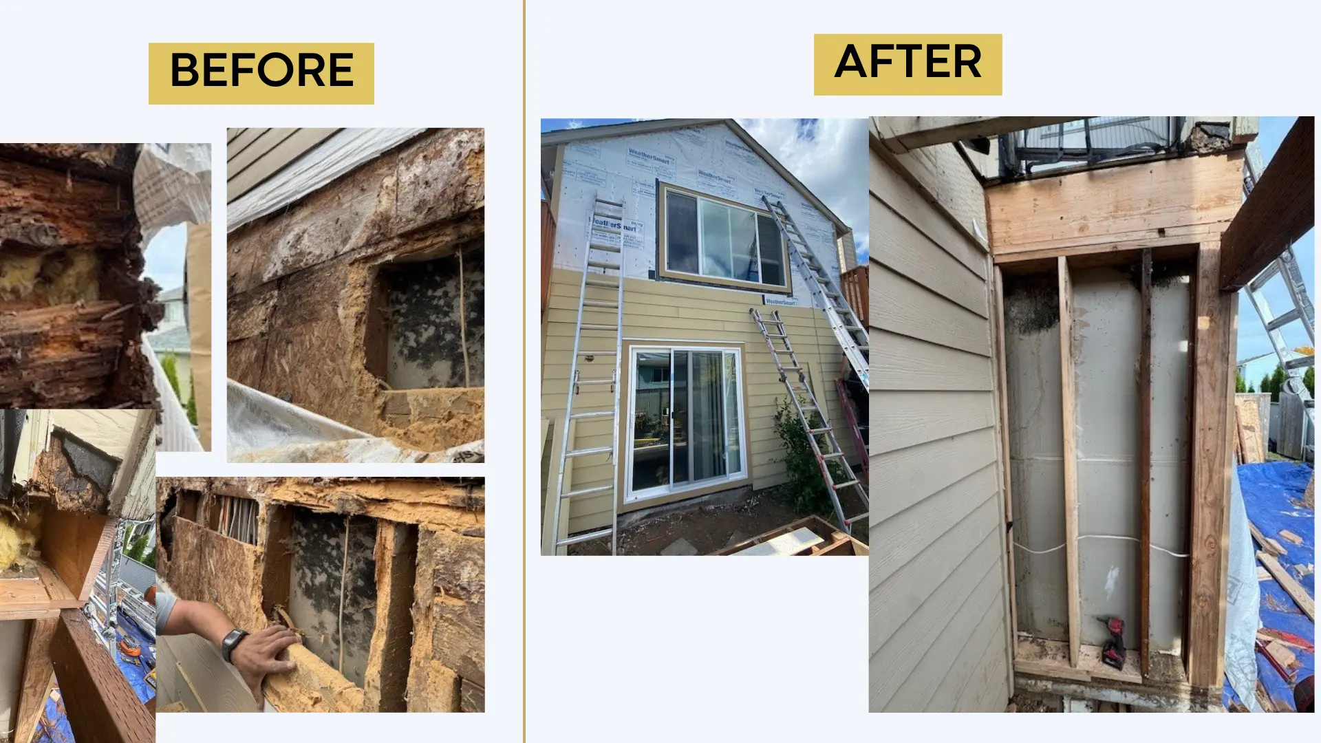 Before and after of exterior dry rot repair with rebuilt framing