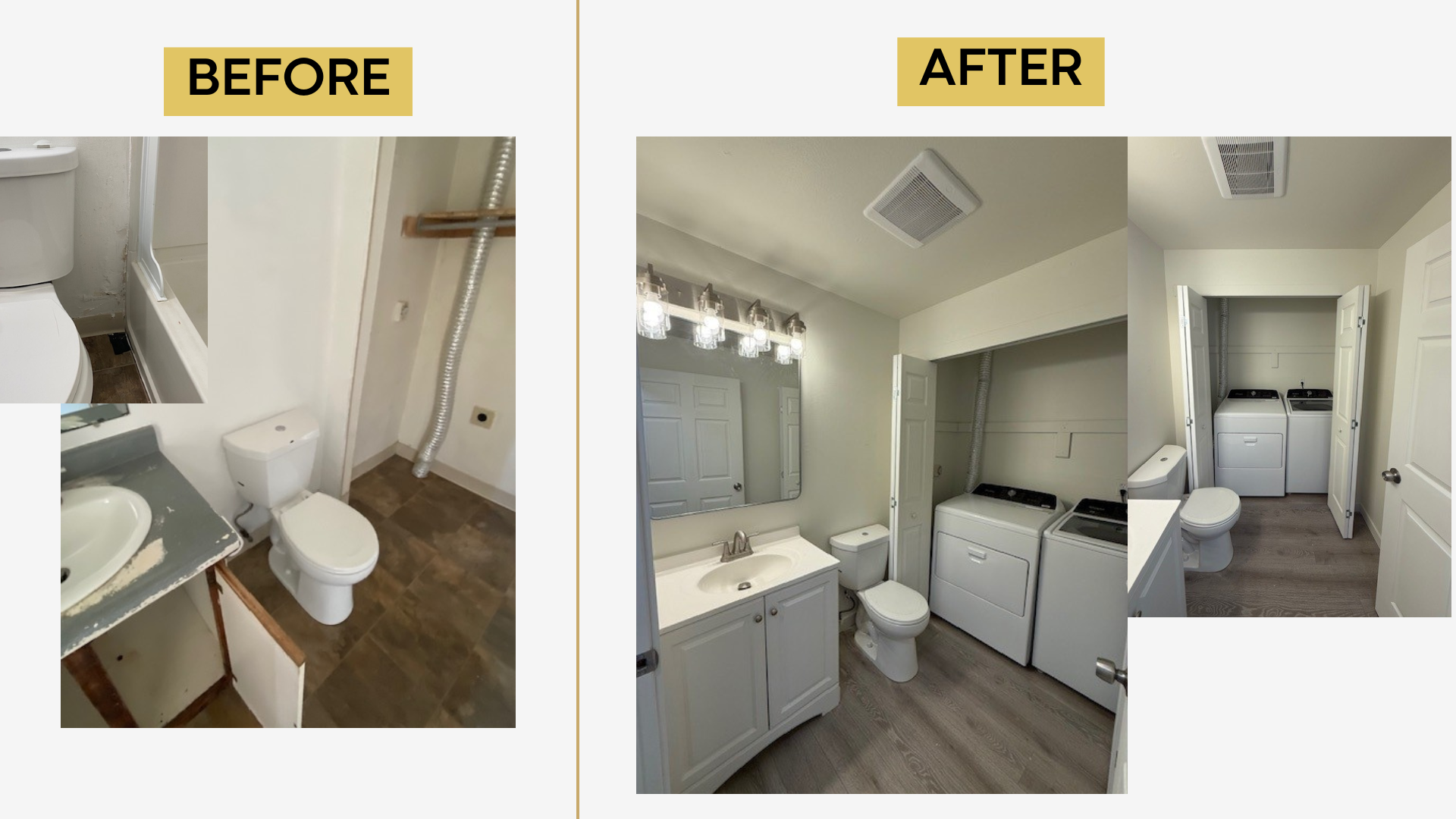 Before and after of a unit bathroom and laundry area renovation