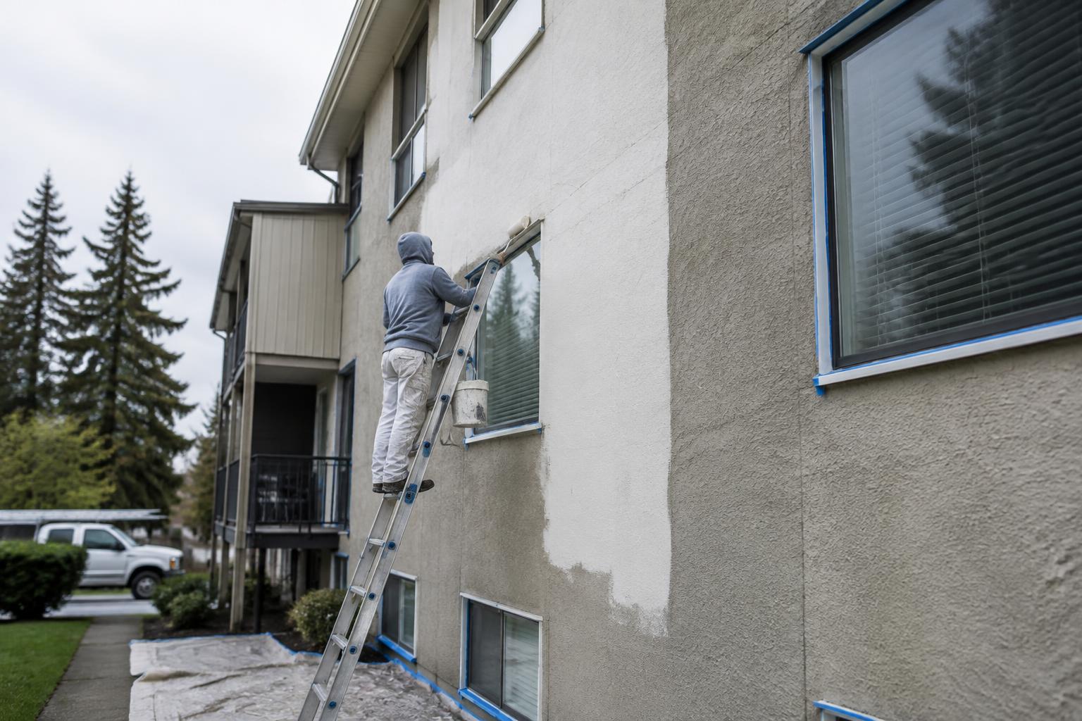 Exterior stucco repair and repainting on a multifamily building